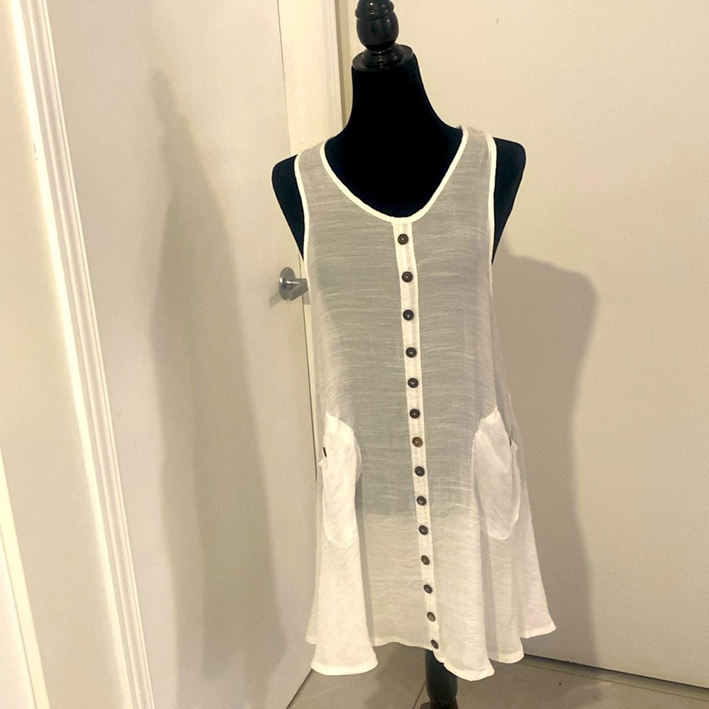 ASHA, Linen White Sheer Short Sleeveless Dress, great cover-up Size Large